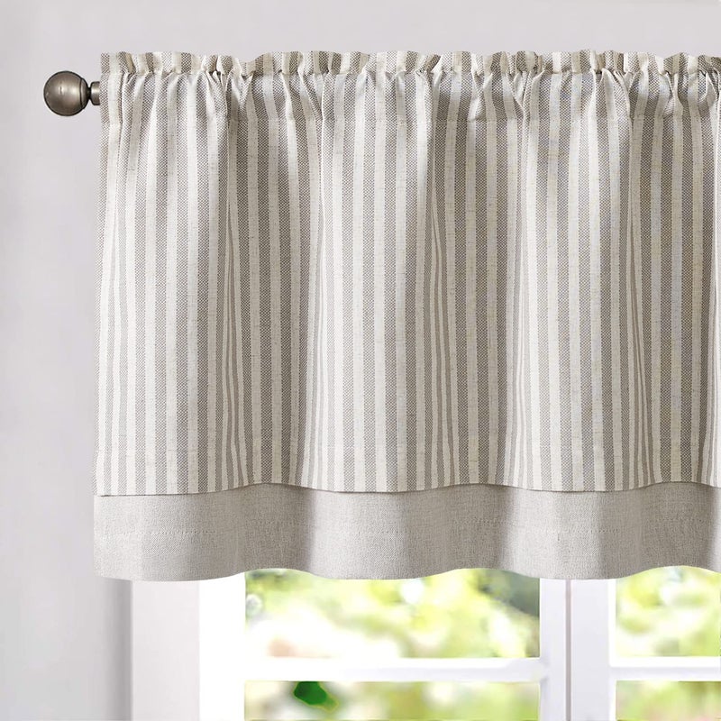 jinchan Linen Striped Valance for Windows 16 Inch Light Filtering Drapes for Small Window Farmhouse Double Layer Valance for Living Room Kitchen RV Rod Pocket 1 Panel Taupe on Linen - Image 1
