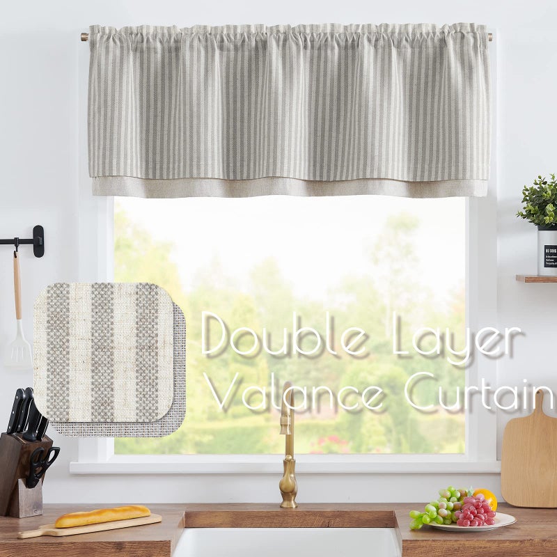 jinchan Linen Striped Valance for Windows 16 Inch Light Filtering Drapes for Small Window Farmhouse Double Layer Valance for Living Room Kitchen RV Rod Pocket 1 Panel Taupe on Linen - Image 2