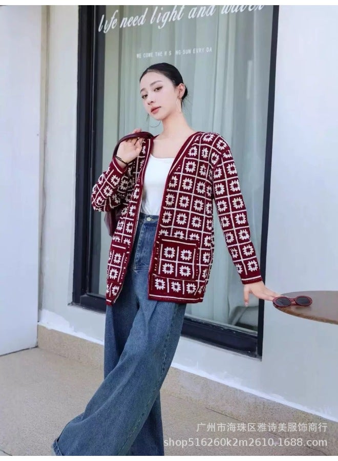 Wine Red Korean Style Retro Plaid Floral Cut Out Crochet Knit Top, Soft Niche Long Sleeve Sweater