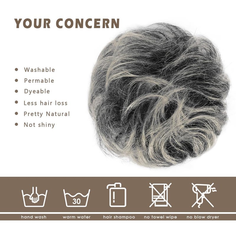 BARSDAR 100% Human Hair Bun Extension - Real Human Hair Gray Messy Bun Scrunchie for Women - Elastic Wavy Small Updo Chignons Grey Salt and Pepper Hairpieces Soft Natural Looking Daily - Image 4
