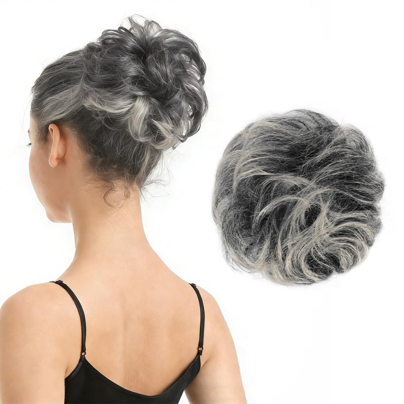 BARSDAR 100% Human Hair Bun Extension - Real Human Hair Gray Messy Bun Scrunchie for Women - Elastic Wavy Small Updo Chignons Grey Salt and Pepper Hairpieces Soft Natural Looking Daily - Image 1