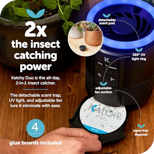 Katchy Duo – Indoor Flying Insect Trap with Scent Pod – Day & Night Effective – Mosquito, Fruit Fly, Gnat & Small Moth Catcher – Non-Zapper Trap with Blue UV Light & Fan Suction (Black) - Image 2
