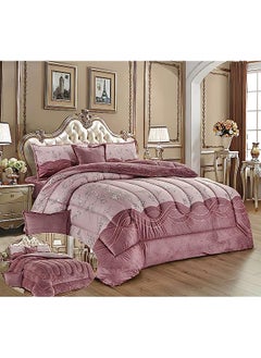 warm and fluffy winter velvet fur reversible comforter set, king size (220 x 240 cm) 6 pcs soft bedding set, modern spiral stitch with embossed print pattern, brown