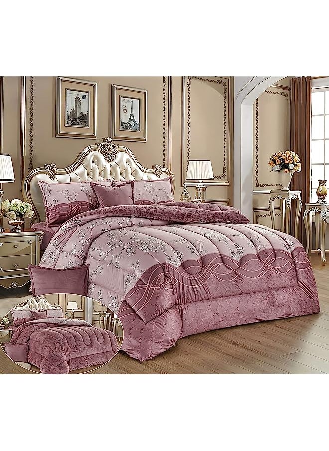 Moon - warm and fluffy winter velvet fur reversible comforter set, king size (220 x 240 cm) 6 pcs soft bedding set, modern spiral stitch with embossed print pattern, brown - Image 1