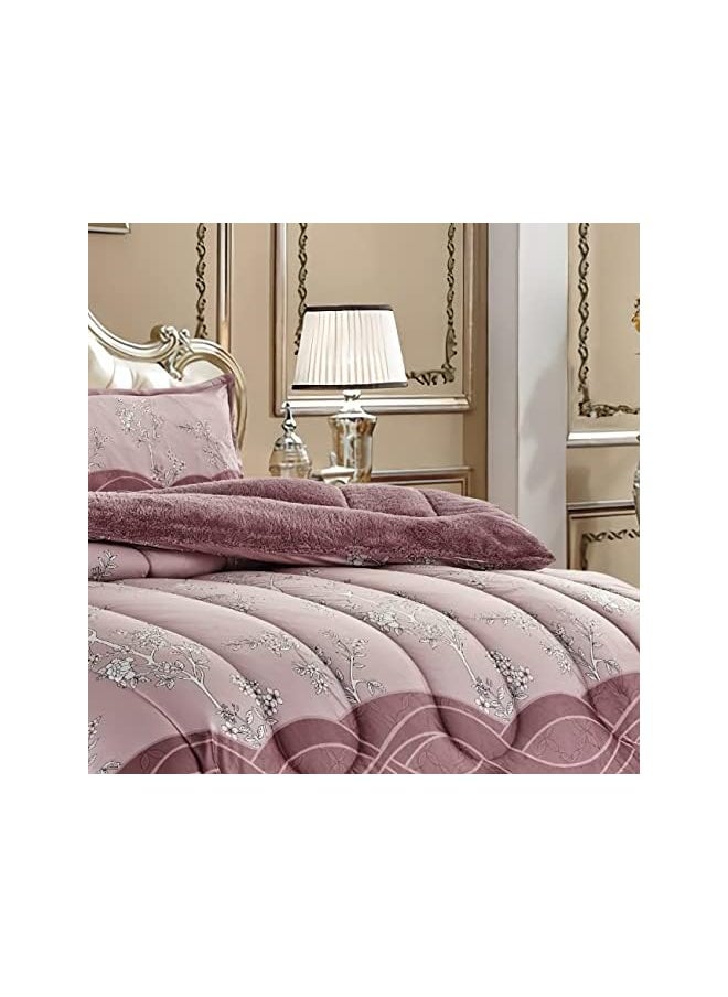 Moon - warm and fluffy winter velvet fur reversible comforter set, king size (220 x 240 cm) 6 pcs soft bedding set, modern spiral stitch with embossed print pattern, brown - Image 1