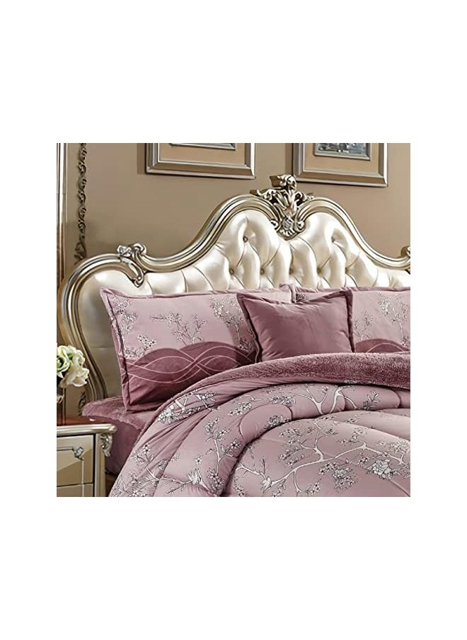 Moon - warm and fluffy winter velvet fur reversible comforter set, king size (220 x 240 cm) 6 pcs soft bedding set, modern spiral stitch with embossed print pattern, brown - Image 1