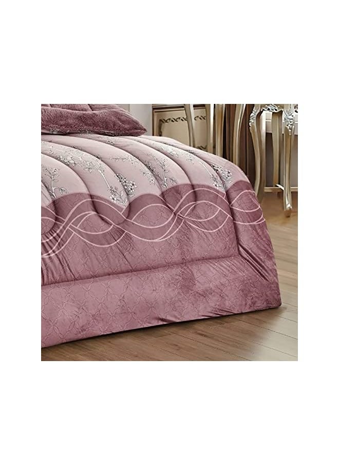 Moon - warm and fluffy winter velvet fur reversible comforter set, king size (220 x 240 cm) 6 pcs soft bedding set, modern spiral stitch with embossed print pattern, brown - Image 1