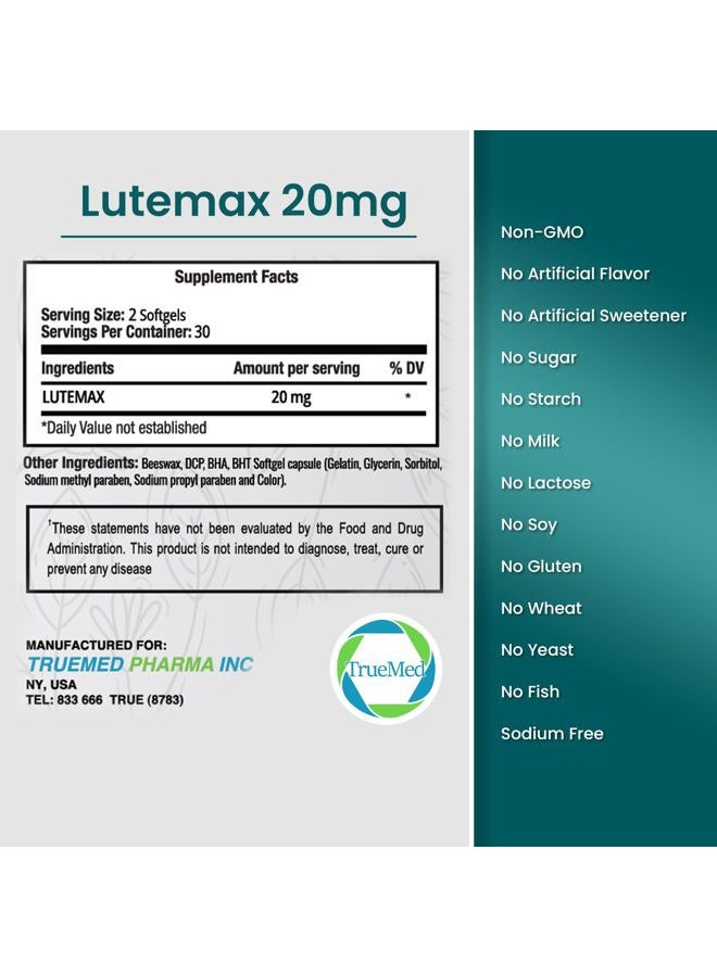 TRUEMED Lutein 20mg with Zeaxanthin 4mg - Eye health supplement that improves visual clarity, filters blue light and improves macular health.Antioxidant formula for daily retinol. - Image 2