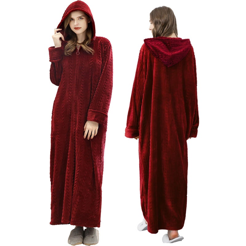 Oksun Womens Hooded Fleece Robe Full Length Cozy Zipper Bathrobe Plush Long Warm Winter Housecoat Nightgown Wine Red XLarge