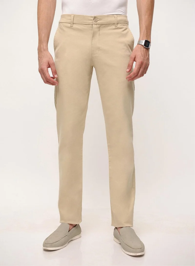 دينيس لينغو Oatmeal Cotton Blend Solid Print Straight Fit Chinos Trouser For Men