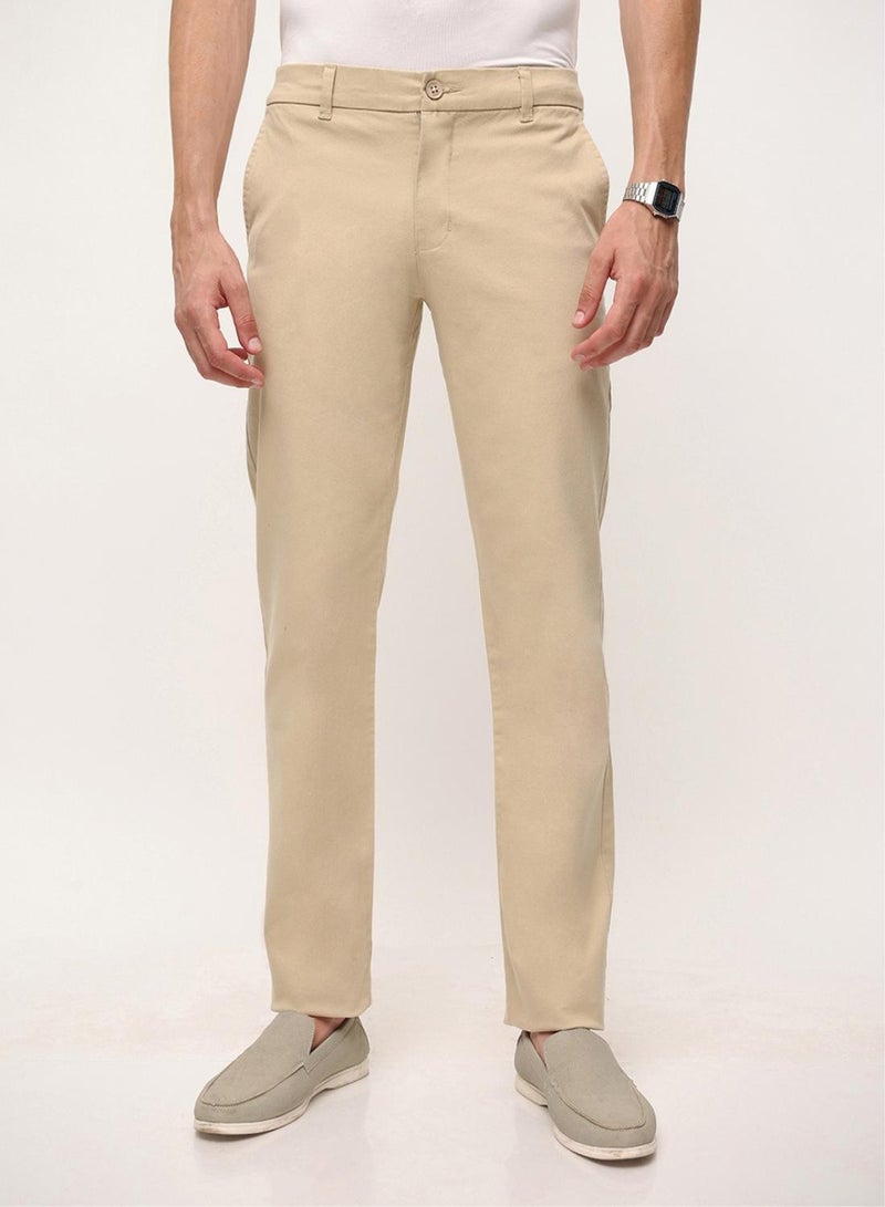 Dennis Lingo Oatmeal Cotton Blend Solid Print Straight Fit Chinos Trouser For Men - Image 1