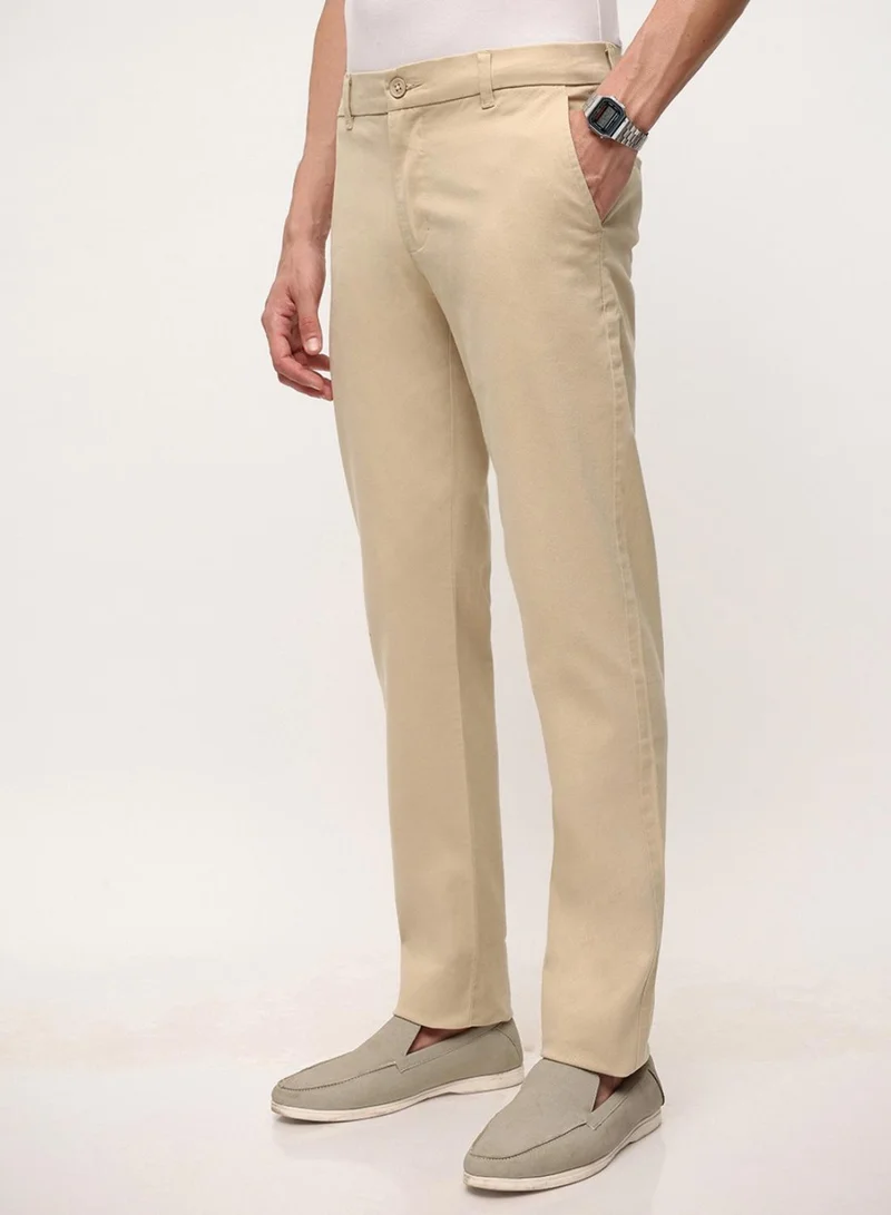 دينيس لينغو Oatmeal Cotton Blend Solid Print Straight Fit Chinos Trouser For Men