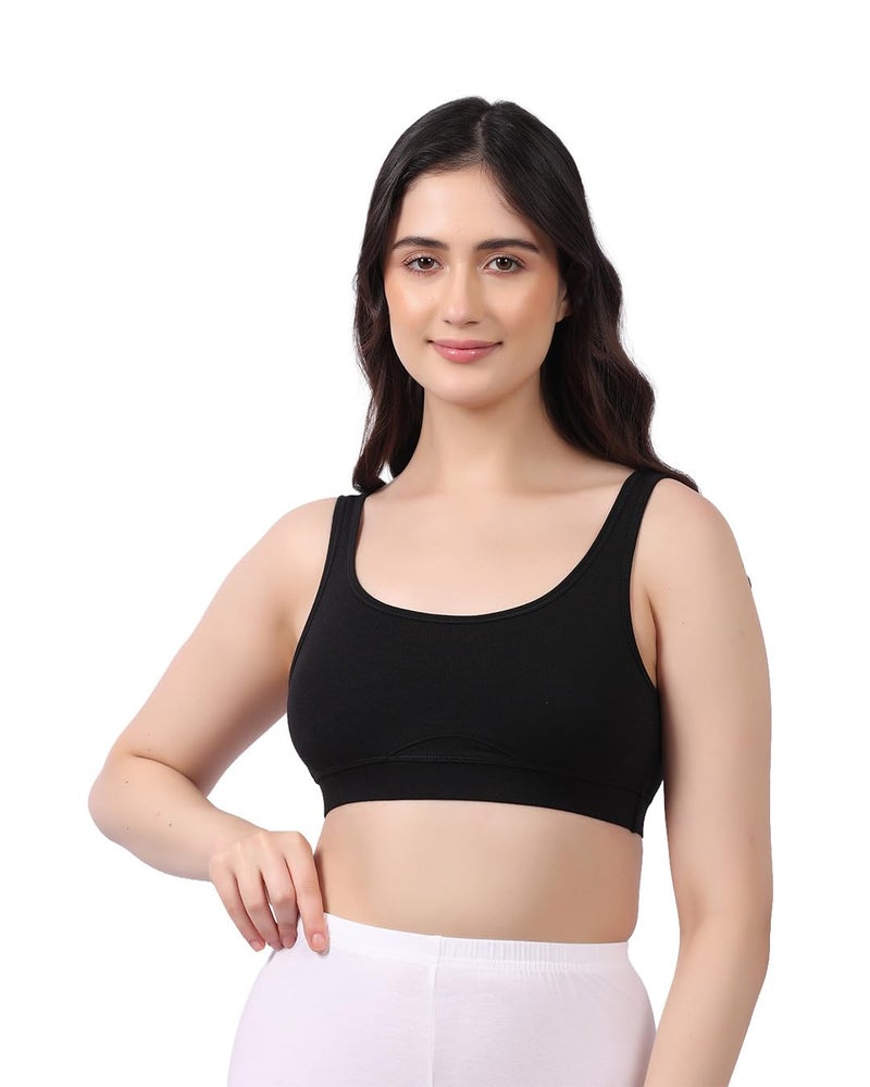 LAVOS Bamboo Cotton Everyday Sports Bra for Women Non Padded Full Coverage, Non Wired Soft Breathable Broad Strap Training Bras for Womens, Yoga, Workout, Gym Bra for Girls/Women Black - Image 1