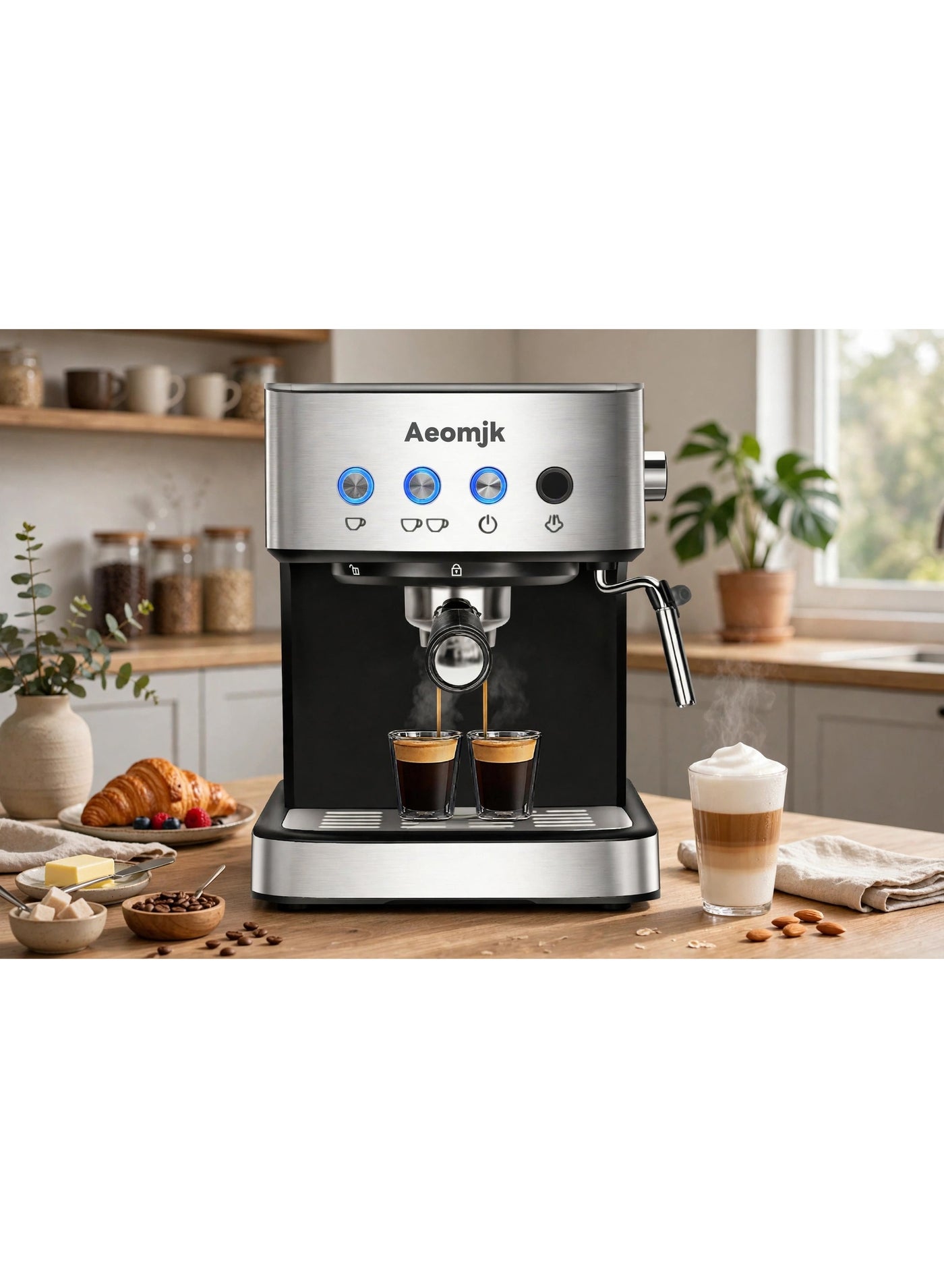 Aeomjk Espresso Coffee Machine 20 Bar High Pressure Pump Semi Automatic Espresso Maker With 4 Blue Light Buttons Milk Frother Steam Wand Double Cup Espresso Stainless Steel Body For Cappuccino Latte Macchiato Home Office