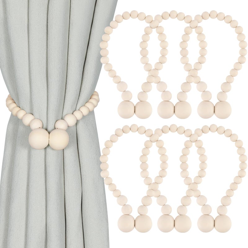 KLOGTSIND Magnetic Curtain Tiebacks Curtain Tie Backs for Curtains 6 Pack Wood Bead Curtain Tiebacks Curtain Holders for Boho Bedroom Decor Baby Nursery Decor Farmhouse Decor