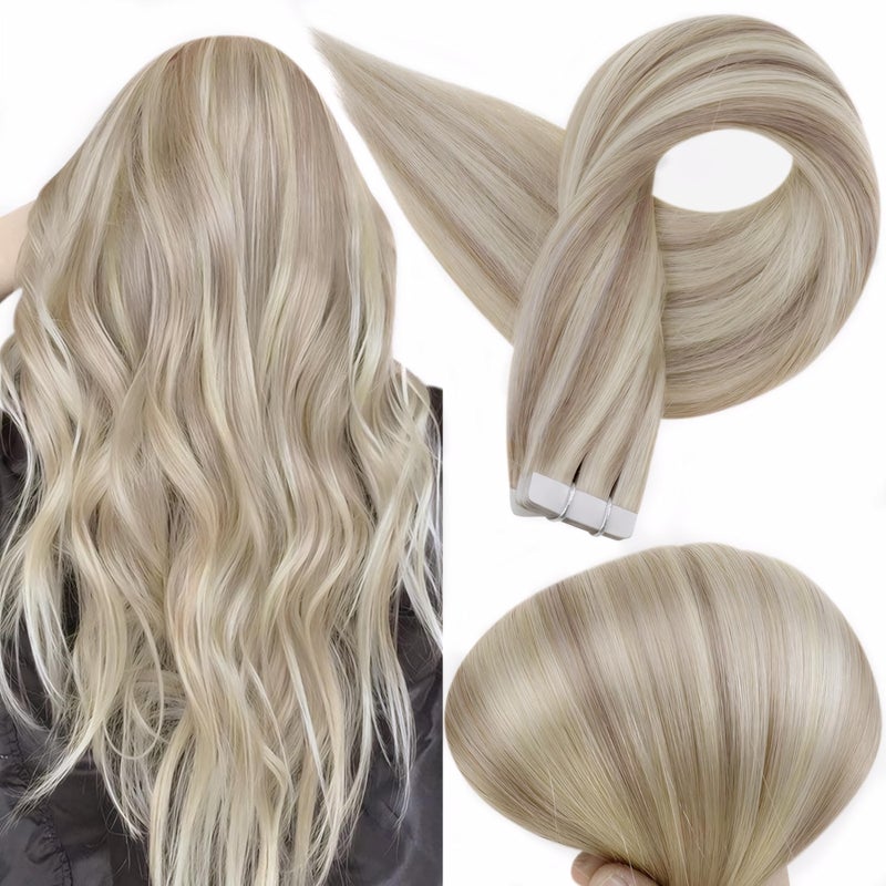 Full Shine Tape in Human Hair Extensions 24 Inch Real Human Hair Tape in Extensions 50 Gram Seamless Hair Extensions 20pcs Ash Blonde Highlights Bleach Blonde Skin Weft Double Side Brazilian Hair - Image 1