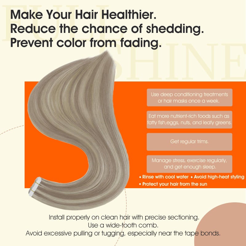 Full Shine Tape in Human Hair Extensions 24 Inch Real Human Hair Tape in Extensions 50 Gram Seamless Hair Extensions 20pcs Ash Blonde Highlights Bleach Blonde Skin Weft Double Side Brazilian Hair - Image 4