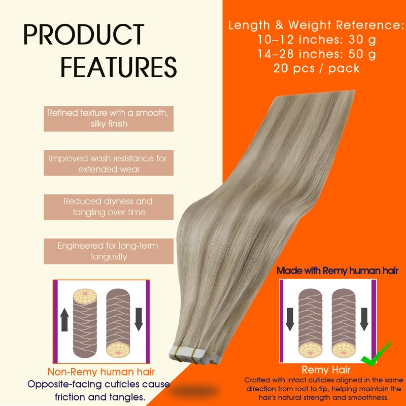 Full Shine Tape in Human Hair Extensions 24 Inch Real Human Hair Tape in Extensions 50 Gram Seamless Hair Extensions 20pcs Ash Blonde Highlights Bleach Blonde Skin Weft Double Side Brazilian Hair - Image 2