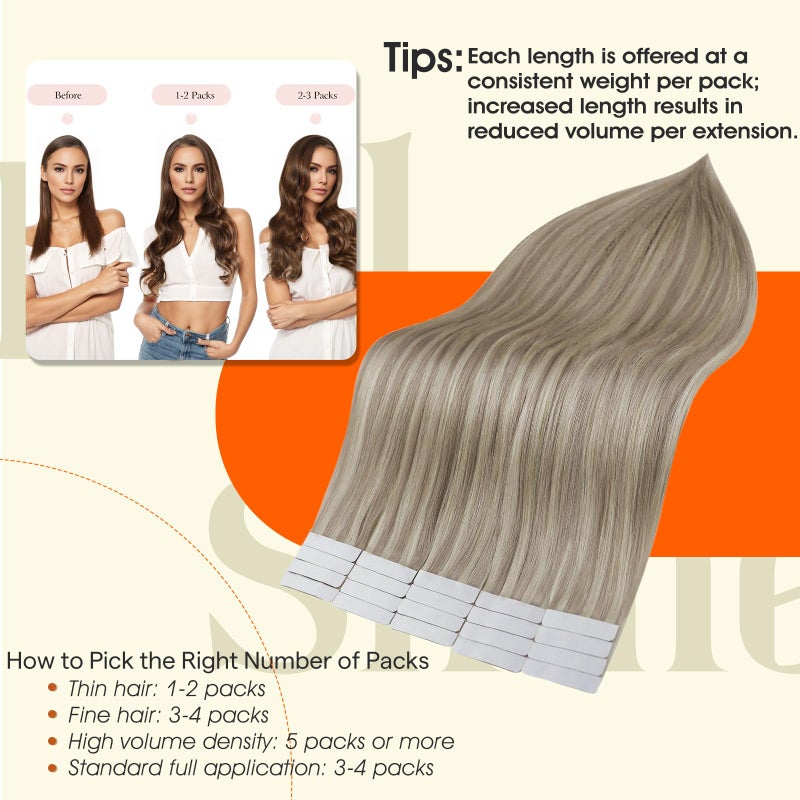 Full Shine Tape in Human Hair Extensions 24 Inch Real Human Hair Tape in Extensions 50 Gram Seamless Hair Extensions 20pcs Ash Blonde Highlights Bleach Blonde Skin Weft Double Side Brazilian Hair - Image 3
