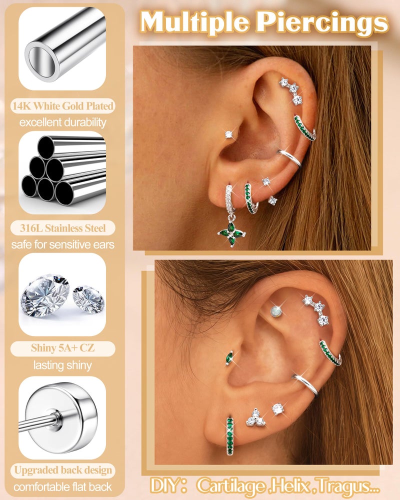 MILACOLATO Hypoallergenic Flat Back Earrings Silver Cartilage Earring Sets for Multiple Piercing 20G Surgical Stainless Steel Earrings for Women Trendy Earring Stacks Small Hoop Flatback Stud Earrings SG - Image 4