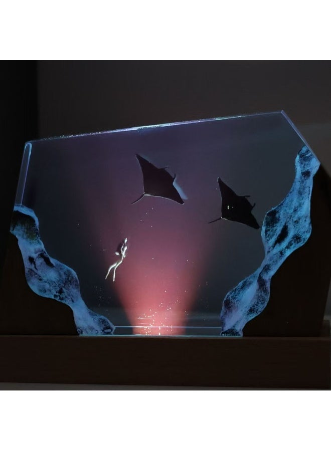 Handcrafted Deep-Sea Resin & Wood Night Light, Diver & Manta Rays, Ambient Lighting, 15cm - Image 4