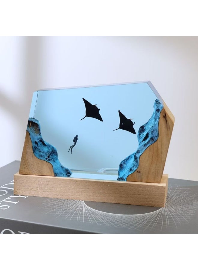 Handcrafted Deep-Sea Resin & Wood Night Light, Diver & Manta Rays, Ambient Lighting, 15cm - Image 1