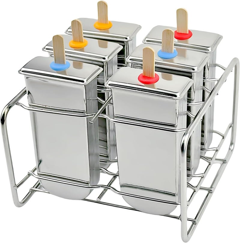 ELEMONY Stainless Steel Popsicle Molds, Set of 6 Ice Cream Maker, Ice Pop Molds With Holder, Metal Reusable Homemade Popsicle Molds with Sticks and Bags (Round Head, No Slot) - Image 1