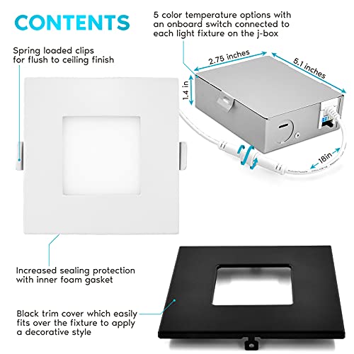 LUXRITE 3 Inch Square Ultra Thin LED Recessed Light with J-Box, 8W, 5 Color Options 2700K | 3000K | 3500K | 4000K | 5000K, Dimmable Wafer Light, 540 Lumens, Black Trim, Energy Star, IC Rated - Image 3