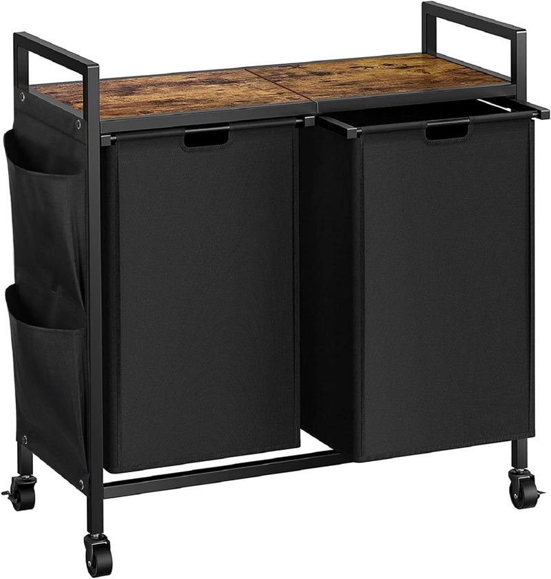 WOWLIVE Double Laundry Hamper with Lid,Rolling Laundry Basket Organizer with Wheels, Iron-Made Laundry Sorter with Top Shelf and 2 Removable Bags,Large Clothes Storage for Room,Black 1 - Image 1