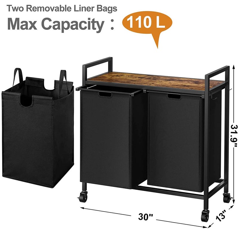 WOWLIVE Double Laundry Hamper with Lid,Rolling Laundry Basket Organizer with Wheels, Iron-Made Laundry Sorter with Top Shelf and 2 Removable Bags,Large Clothes Storage for Room,Black 1 - Image 4