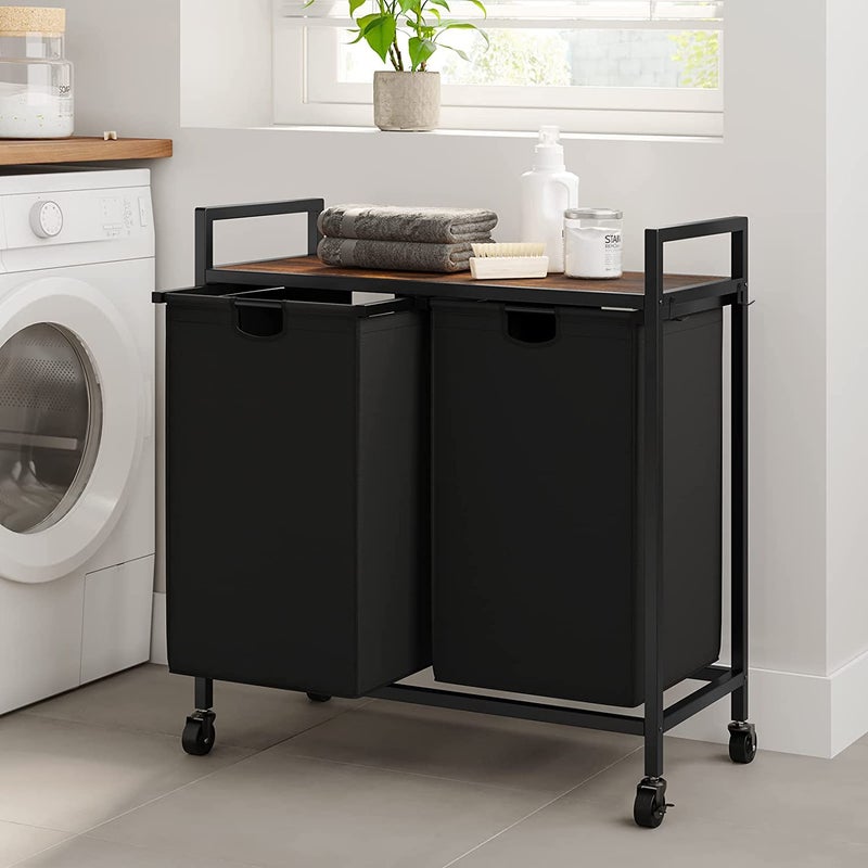 WOWLIVE Double Laundry Hamper with Lid,Rolling Laundry Basket Organizer with Wheels, Iron-Made Laundry Sorter with Top Shelf and 2 Removable Bags,Large Clothes Storage for Room,Black 1 - Image 3