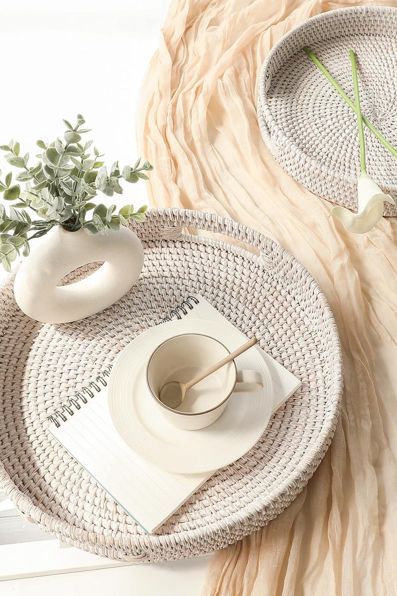 HITOMEN Hand-Woven Round Rattan Serving Tray Decorative Ottoman Wicker Platter with Handles for Coffee Table, Breakfast, Drinks, Snack, Bread, Fruit, Vegetables (Whitewash L-14.2'') - Image 2