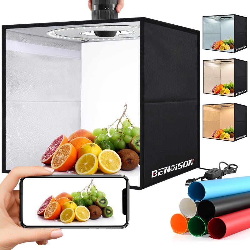 BENOISON Light Box Photography - 16"x16"x12" Portable Shooting Tent with 120 LEDs & 6 Backdrops for Jewelry Watches Cosmetics Food Photography - Image 1