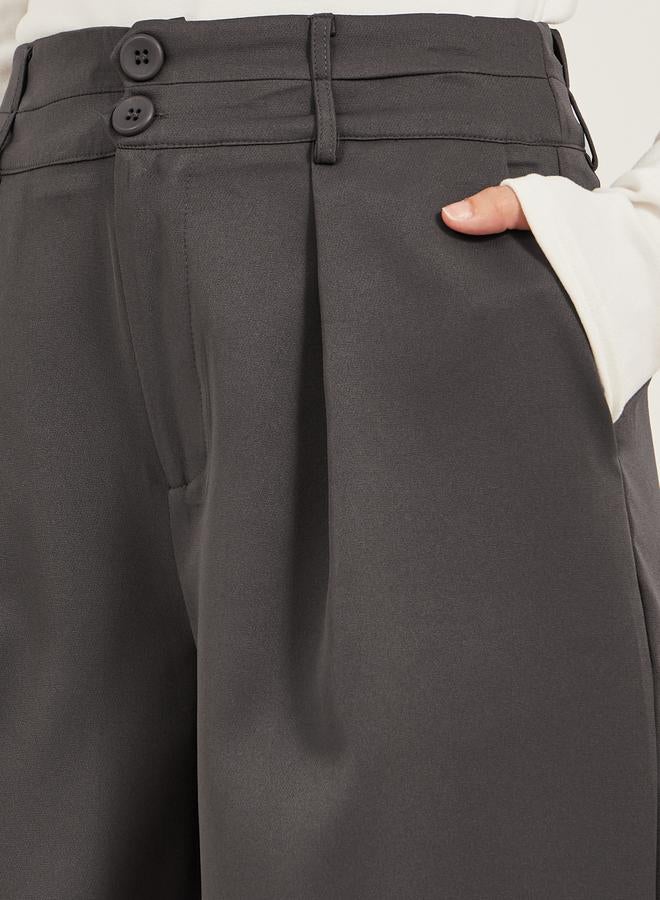 Styli Pleated Wide Leg Pants with Double Buttoned Waistband  - Image 3
