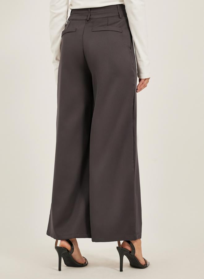 Styli Pleated Wide Leg Pants with Double Buttoned Waistband  - Image 4