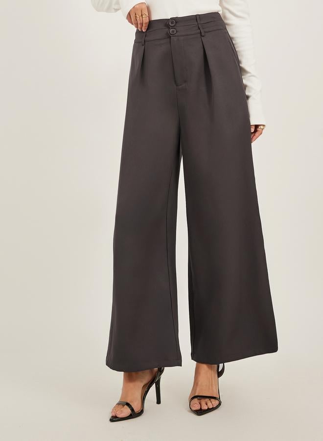 Styli Pleated Wide Leg Pants with Double Buttoned Waistband  - Image 2