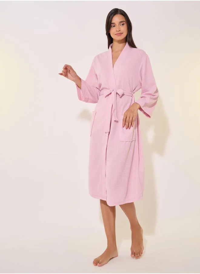 Styli Textured Long Sleeve Waist Tie-Up Robes
