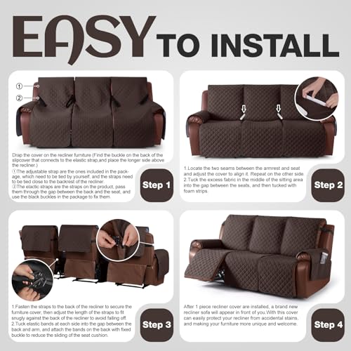 KinCam Waterproof Recliner Sofa Cover, Non-Slip Reclining Couch Covers for 3 Seat, Recliner Couch Cover Furniture Protector with Elastic Straps for Pets, Kids, Chocolate - Image 5