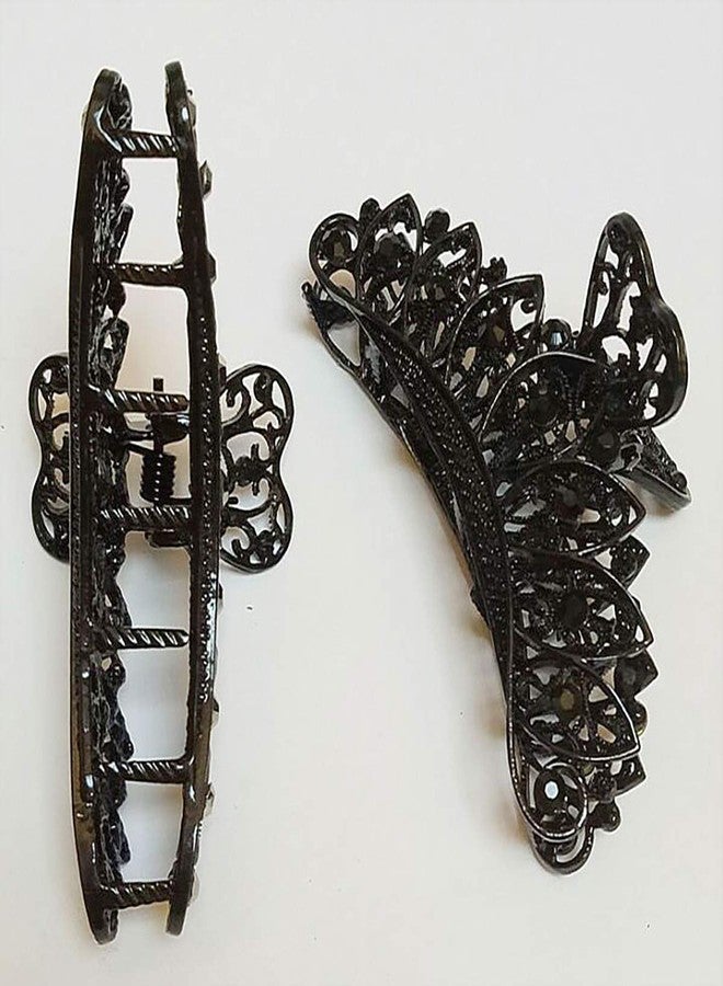 Fodattm Lady Women Black Retro Flowers Hair Claw Clip Vintage Rhinestone Alloy Large Size Hair Jaw Clips Hairpin Large Fancy Hair Barrette for Thick Hair (B#) - Image 4