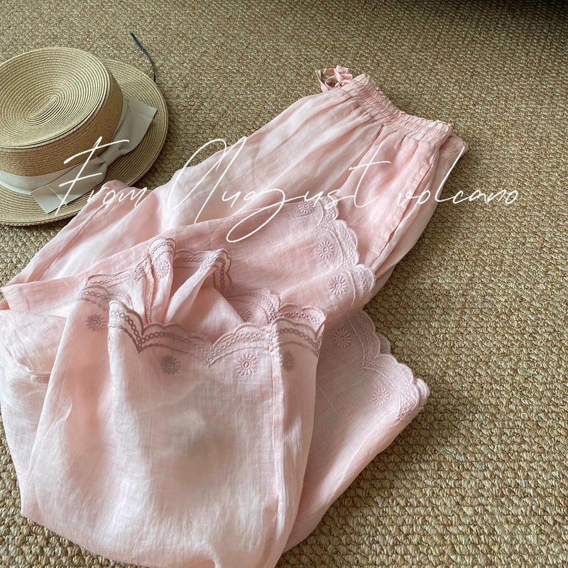Women's Pink Linen Embroidered Wide-Leg Casual Pants - Image 1