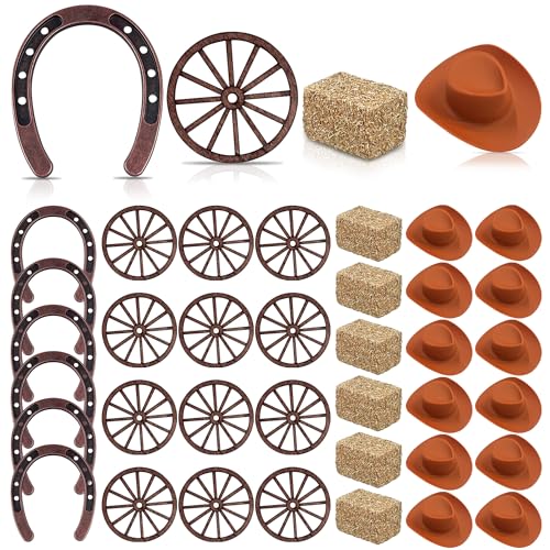PPXMEEUDC 36PCS Western Party Decorations Mini Horseshoe Brown Cowboy Hat Wheel Hay Bales Suitable for Crafts Birthday Weddings and Cowboy Party Favors - Image 1