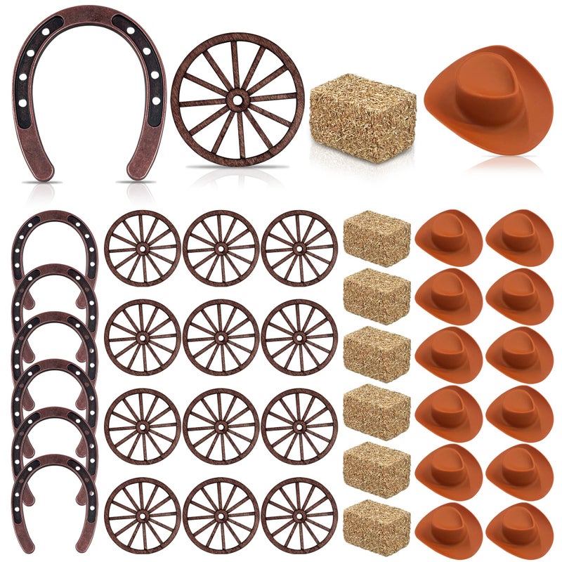 PPXMEEUDC 36PCS Western Party Decorations Mini Horseshoe Brown Cowboy Hat Wheel Hay Bales Suitable for Crafts Birthday Weddings and Cowboy Party Favors - Image 2