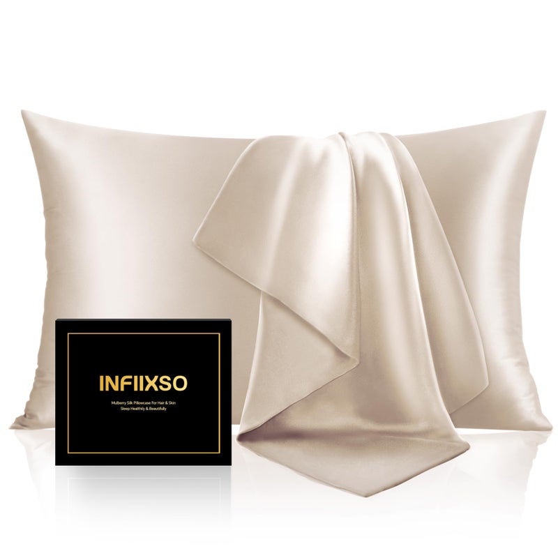 INFIIXSO Mulberry Silk Pillowcase for Hair and Skin  Silk Pillow Cases Queen Size Set of 2 with Hidden Zipper 20x30 Inches  Ultra Smooth and Soft Cooling Pillow Cases for Hot Sleepers(Beige  2 Pack) - Image 1