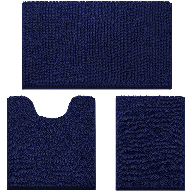 HOMEIDEAS 3 Pieces Bathroom Rugs Ultra Soft Non Slip Absorbent Chenille Toilet Bath Mat Set Navy Blue - Image 2