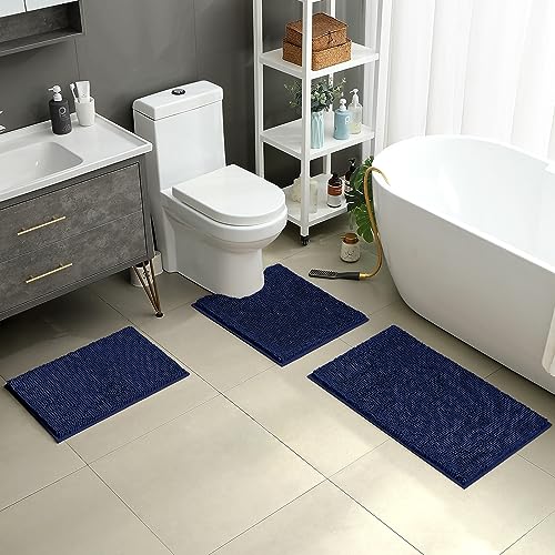 HOMEIDEAS 3 Pieces Bathroom Rugs Ultra Soft Non Slip Absorbent Chenille Toilet Bath Mat Set Navy Blue - Image 3