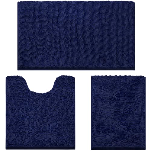 HOMEIDEAS 3 Pieces Bathroom Rugs Ultra Soft Non Slip Absorbent Chenille Toilet Bath Mat Set Navy Blue - Image 1