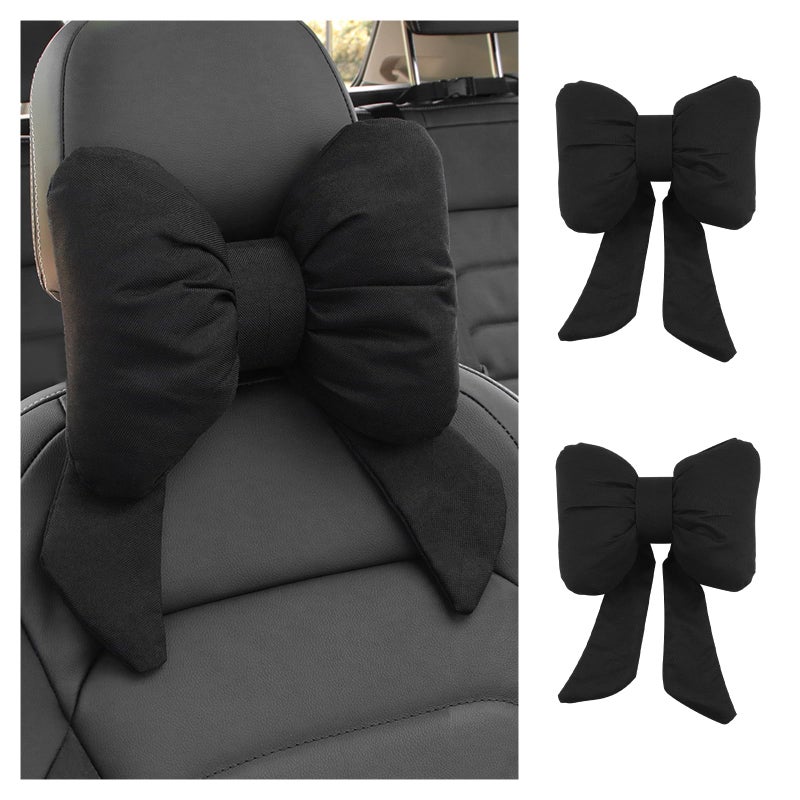 Figpade 2PCS Cute Bow Car Headrest Pillow,Comfortable & Breathable Car Neck Pillows for Relief Neck Fatigue,Universal Head Rest Pillow for Cars Decoration as Birthday Gifts for Women,Girl (Black/2PCS) - Image 1