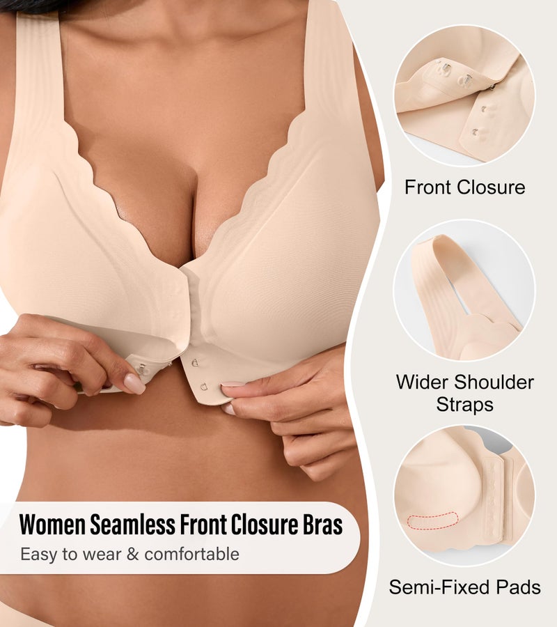DEANGELMON Front Closure Bras for Women Seamless Wireless Push Up Bra No Underwire Full Coverage Comfort Bras Mastectomy Bralettes Supportive T-Shirt Bra(Skin,L) - Image 2