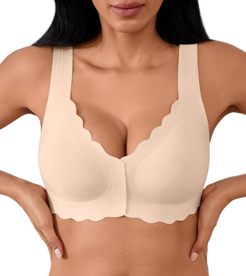 DEANGELMON Front Closure Bras for Women Seamless Wireless Push Up Bra No Underwire Full Coverage Comfort Bras Mastectomy Bralettes Supportive T-Shirt Bra(Skin,L) - Image 1