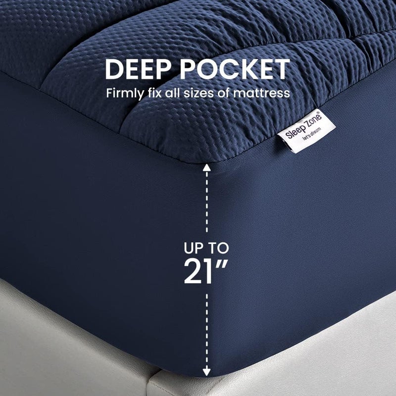 SLEEP ZONE وسادة مرتبة كينغ للتبريد من SLEEP ZONE، غطاء وسادة مرتبة بارد بمناطق متميزة، حماية مرتبة مبطن قابلة للتنفس والغسل، جيب عميق 8-21 بوصة (أزرق بحري، كينغ) - Image 3
